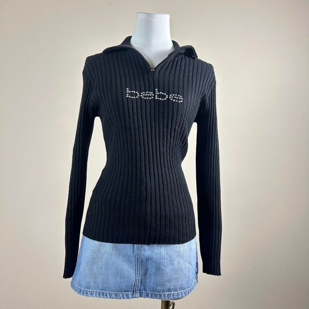 Bebe Y2K Rhinestone Logo Half Zip Sweater
